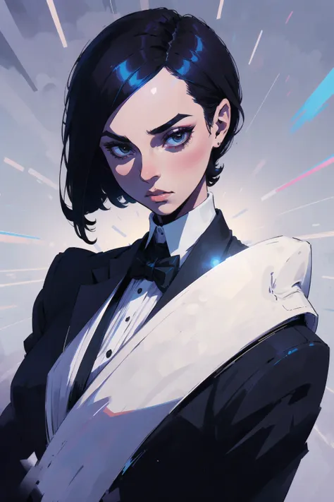 1girl magician , tuxedo 
(realistic, line art  by adam hughes and Jovana Rikalo) 
high contrast, best shadow, cinematic lighting
(masterpiece, best quality:1.3),