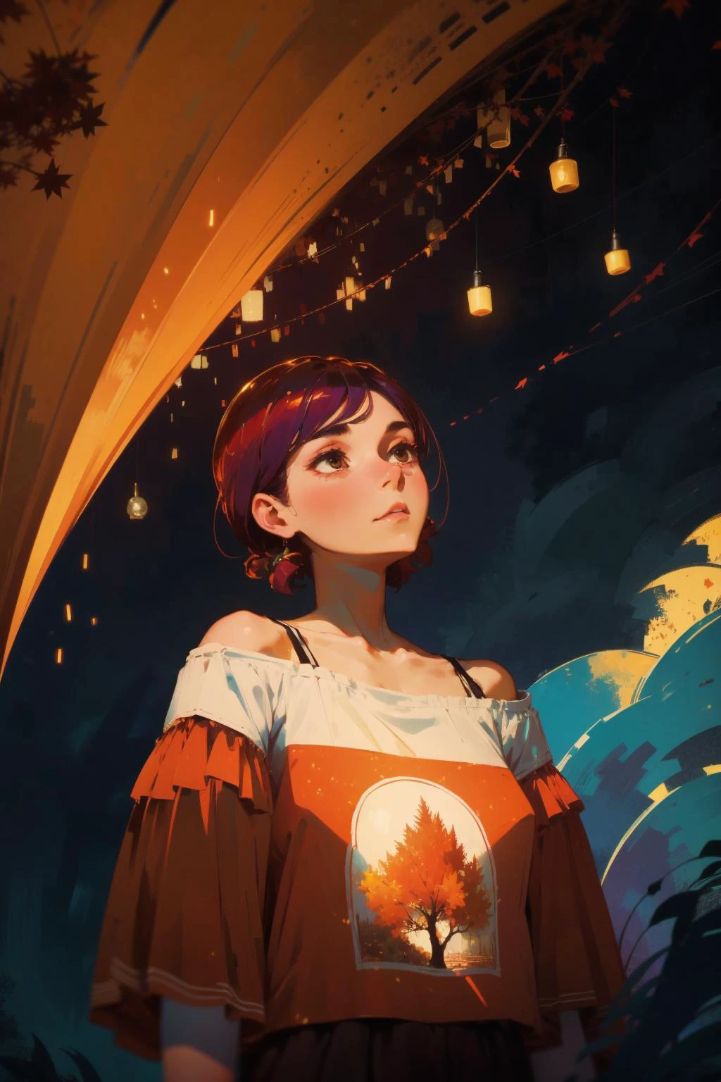 mid-shot, a beautiful woman looking into camera, off shoulder shirt
by Andy Kehoe
autumn lights