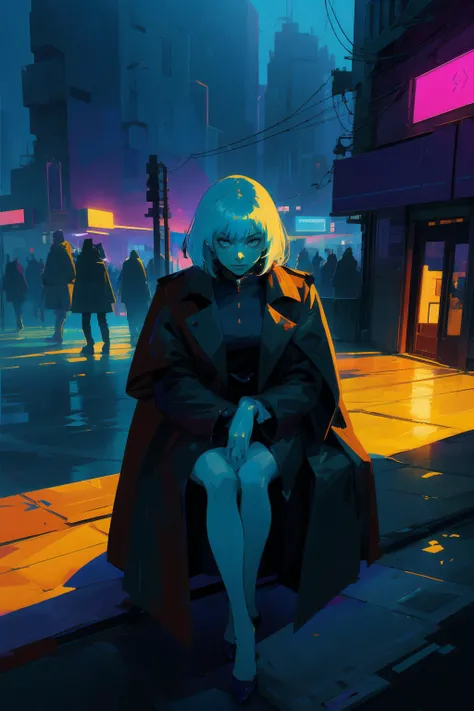face 1 beautiful  woman,   long coat 
sitting on the roof  (Sui Ishida, )
dramatic lighting
abstract 
city, neon lights
 (masterpiece, best quality),
