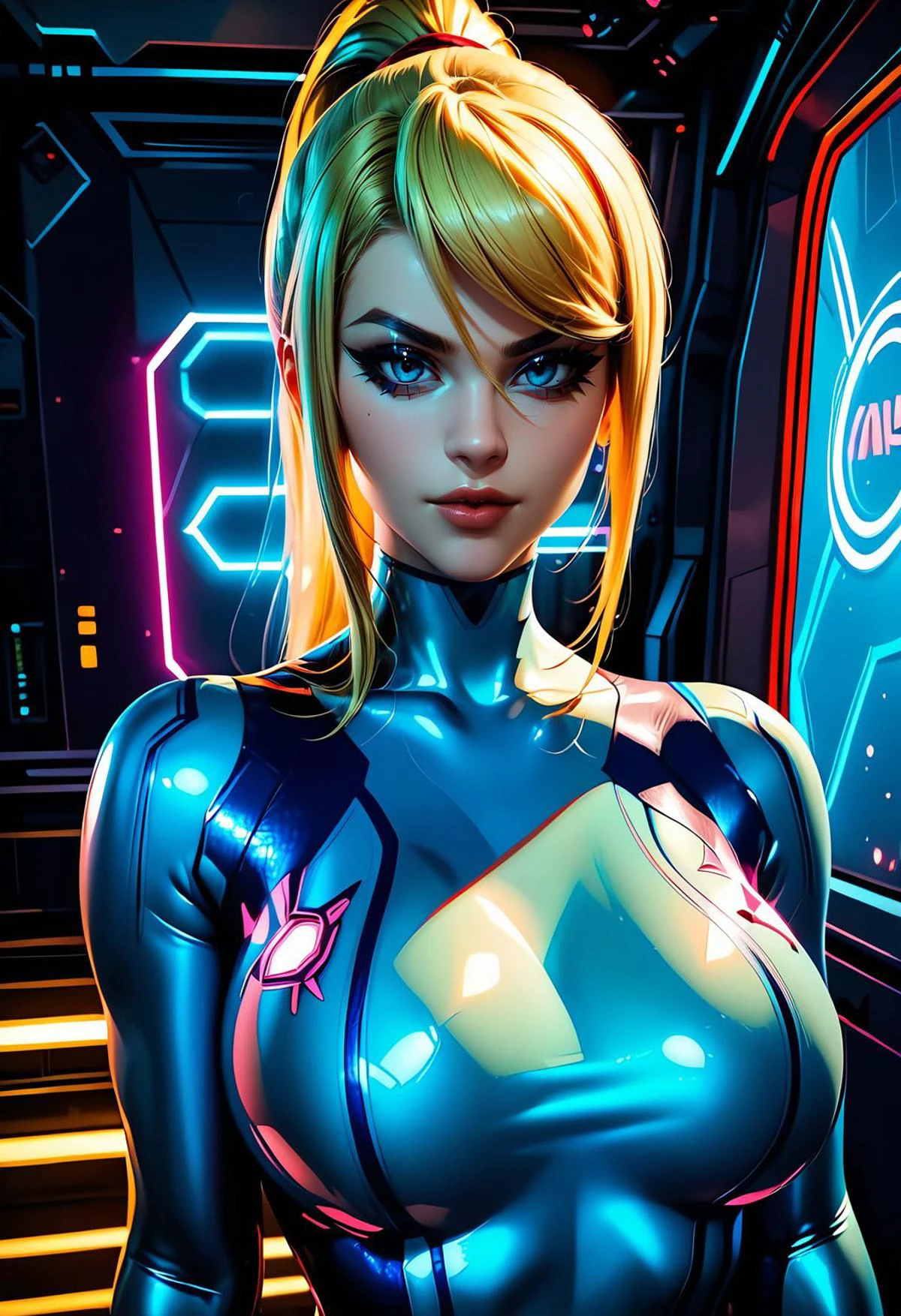 score_9, score_8_up, score_7_up, ultra realistic, masterpiece, high detailed skin,
beautiful aesthetic, very intricate, high quality details,
1girl, mature female,
samus aran, zero suit, tight clothes,
round breasts,
light smile, looking at viewer, upper body, face focus,
cinematic lighting, dynamic angle,
indoors, spacecraft, neon lights, neon trim
<lora:Realistic_Anime_Style_-_Pony:0.8>