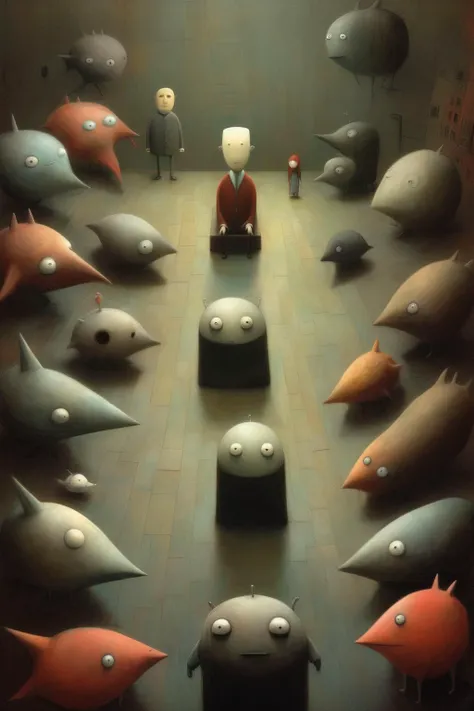 <lora:Shaun Tan Style:1>Shaun Tan Style - Reference Shaun Tan.The environment is very dark, you can hardly see the characters. only their silhouettes. Render from the perspective of a person lying down looking up. Surrounded by 6 characters who look at him. Dreamlike, abstract and metaphysical environment.