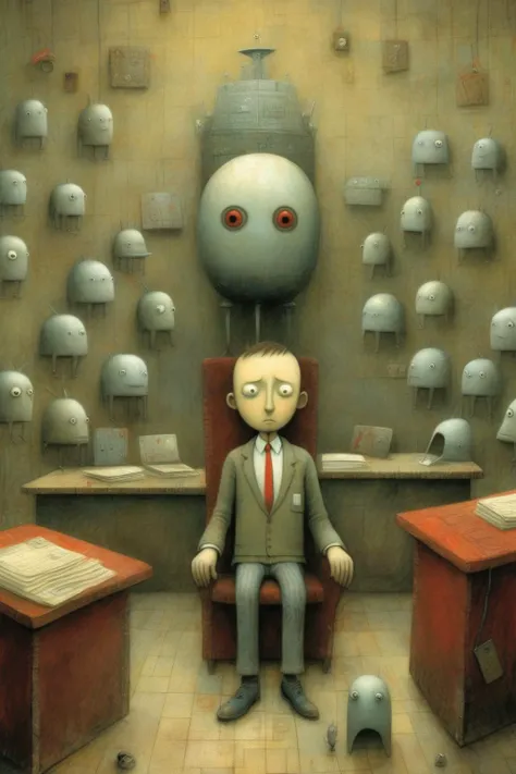 <lora:Shaun Tan Style:1>Shaun Tan Style - Panel illustration for a Shaun Tan book, by Shaun Tan. The Lost Boy in the citadel of bureaucracy