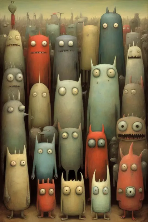 <lora:Shaun Tan Style:1>Shaun Tan Style - this same group of monsters looking at the human but they are monsters in the style of the books of Shaun tan