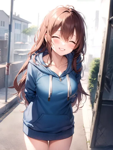 ((masterpiece)), (best quality), 1girl, hoodie, brown hair, long hair, smile, hands behind back, eyes closed, cute, city