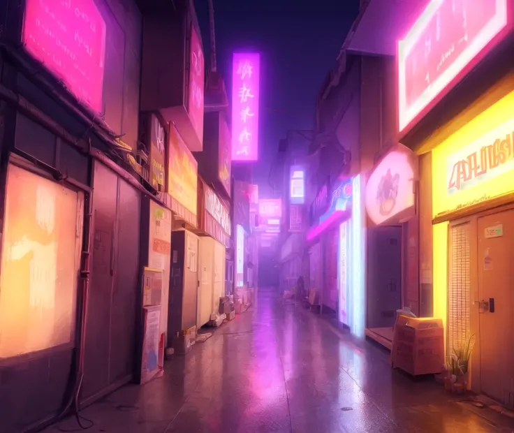 ((masterpiece)), (best quality), (detailed), very detailed, neon lighting, nighttime, alleyway, neon signs, colorful, vibrant, pink, purple, blue