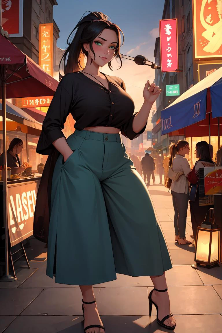 (masterpiece, best quality), female ager, voluptuous, scandinavian, green eyes, dorsal hump nose, protruding chin, defined jaw, articulate fingers, wrinkles, orchid high ponytail hair, worry wearing linen culottes, bardot top, block heel sandals, , teasing look, gazing with a playful and teasing expression, igniting curiosity and attraction, dramatic lighting, high contrasts and bold shadows to intensify emotions and create a passionate ambiance, a lively street fair, with food stalls, live music, and laughter