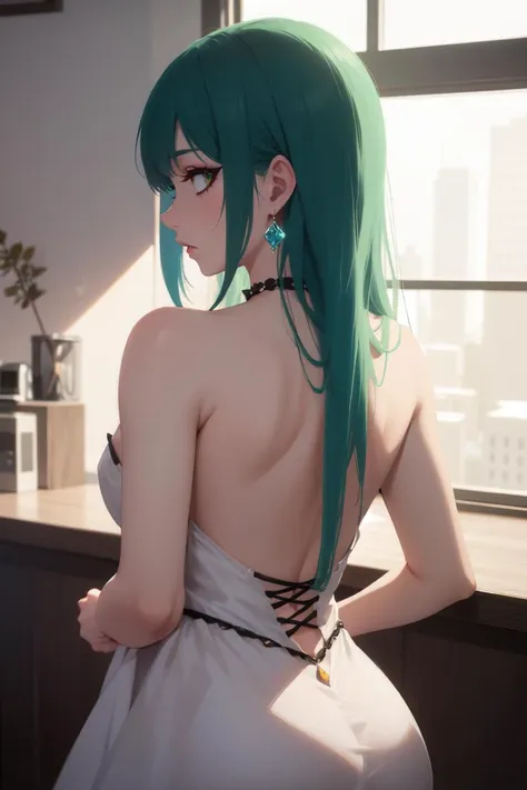 masterpiece,best_quality,bokeh,indoors,detailed_background,urban_modern_interior,dusk,1girl,solo,upper_body,dynamic_pose,looking_back,from_behind,from_above,frightened,green_hair,Fairy queen-inspired jeweled chokers,red_eyeliner,