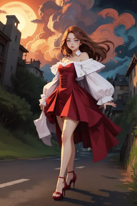 masterpiece, best quality, ZaUm, texture, (dim lighting:1.3), outdoors,landscape with Atmospheric Perspective, night,
1girl, dynamic pose, solo, fear, Light Pink eyes, medium brown hair, french twist hair, high-heel slingbacks,
<lora:DiscoElysium_v2:1>