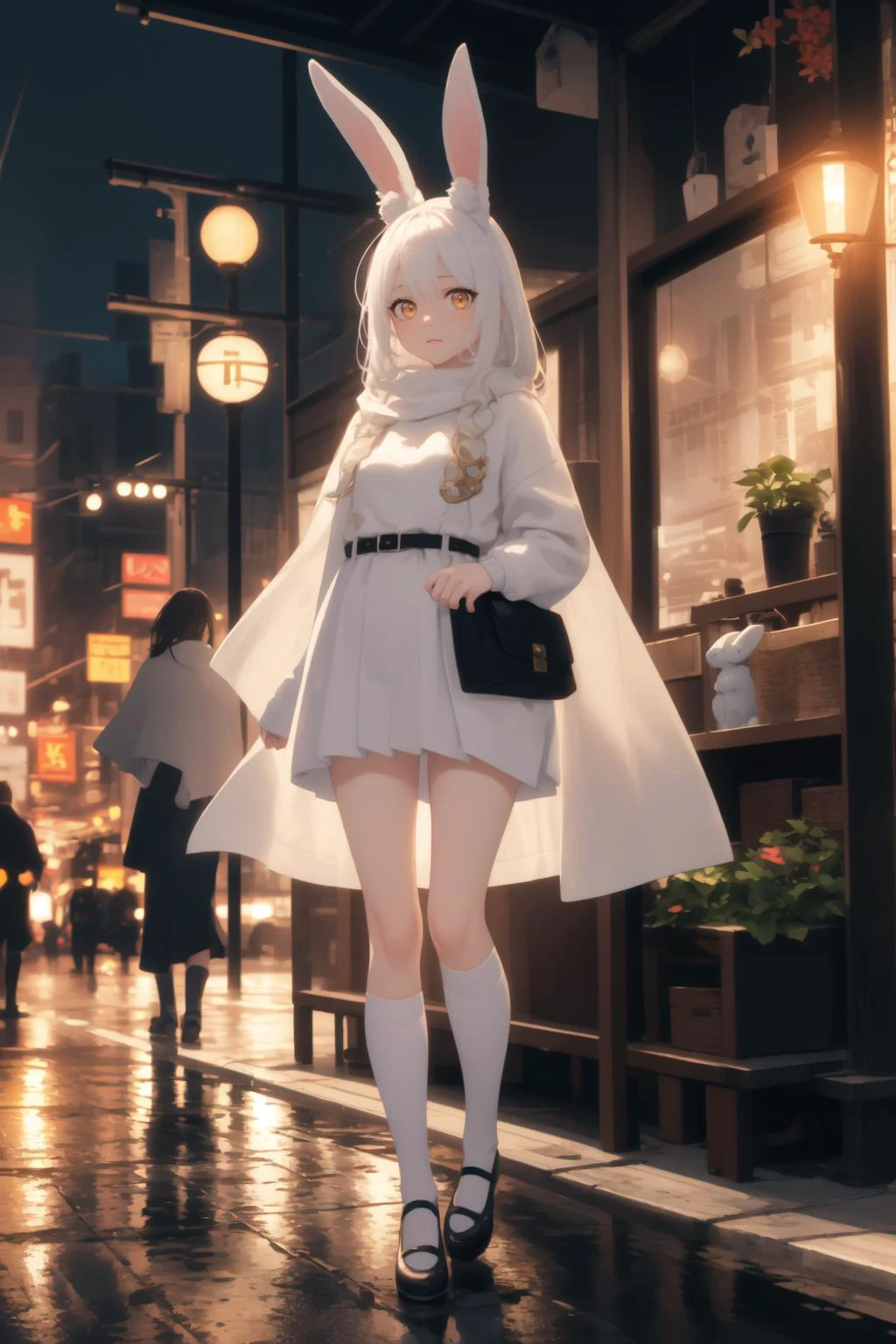 masterpiece, best quality, outdoors, detailed background, evening, bokeh, lens flare,
1girl, solo, full body, looking away, rabbit ears, white hair, mary janes, fluffy, looking at viewer, yellow eyes, :3, transparent cloak, sweaters, pleated skirt, scarf, kneehighs, oversized, <lora:japaneseTraditionalBackground_v2:0.5>