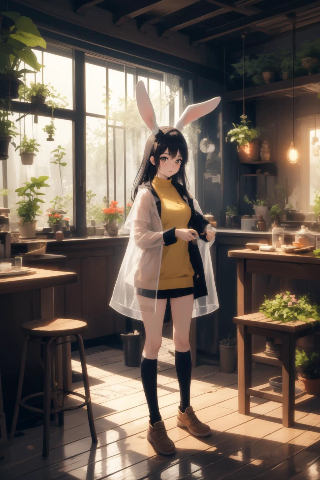 masterpiece, best quality, indoors, detailed background, coastal interior, dusk, bokeh, lens flare,
1girl, solo, full body, looking afar, cute, rabbit ears, fluffy, looking at viewer, sad, transparent raincoat, yellow sweater, kneehighs, oversized, <lora:japaneseTraditionalBackground_v2:0.6>,