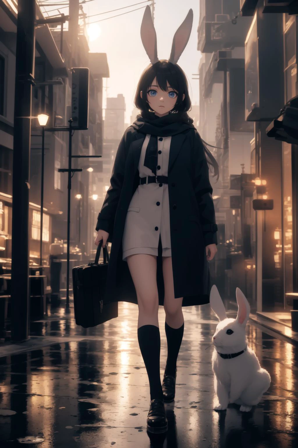 masterpiece, best quality, outdoors, detailed background, dusk, bokeh, lens flare,
1girl, solo, full body, looking away, rabbit ears, fluffy, looking at viewer, :3, transparent raincoat, holding briefcase, scarf, kneehighs, oversized, <lora:japaneseTraditionalBackground_v2:0.5>