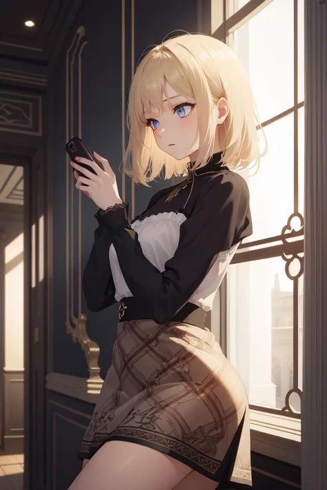 masterpiece,best_quality,indoors,detailed_background,parisian_interior,evening,1girl,solo,dynamic_pose,looking_away,:/,blonde_hair,Tunic dresses with Celtic patterns,holding_phone,back_lighting,