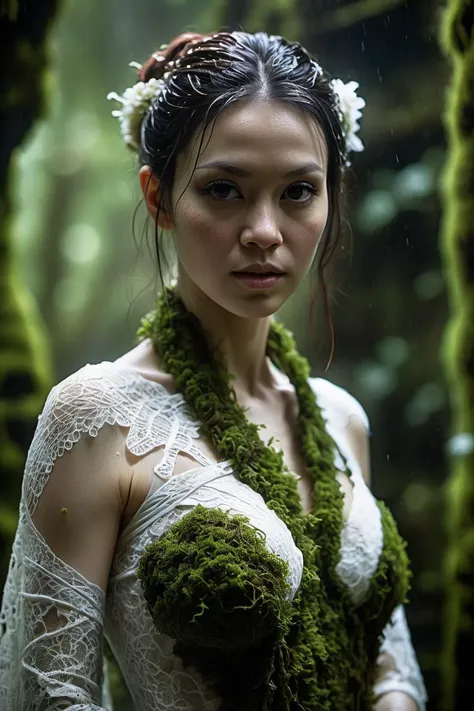artistic photography portrait half body female godlike concubine with perfect body wearing a dress made out of wet moss and white lace, mysterious atmosphere,dull side light, mixed styles by Donato Giancola and Carne Griffiths and Teis Albers and Marc Allante,cinematic masterwork by head of prompt engineering  <lora:real-humans-PublicPrompts:0.90>