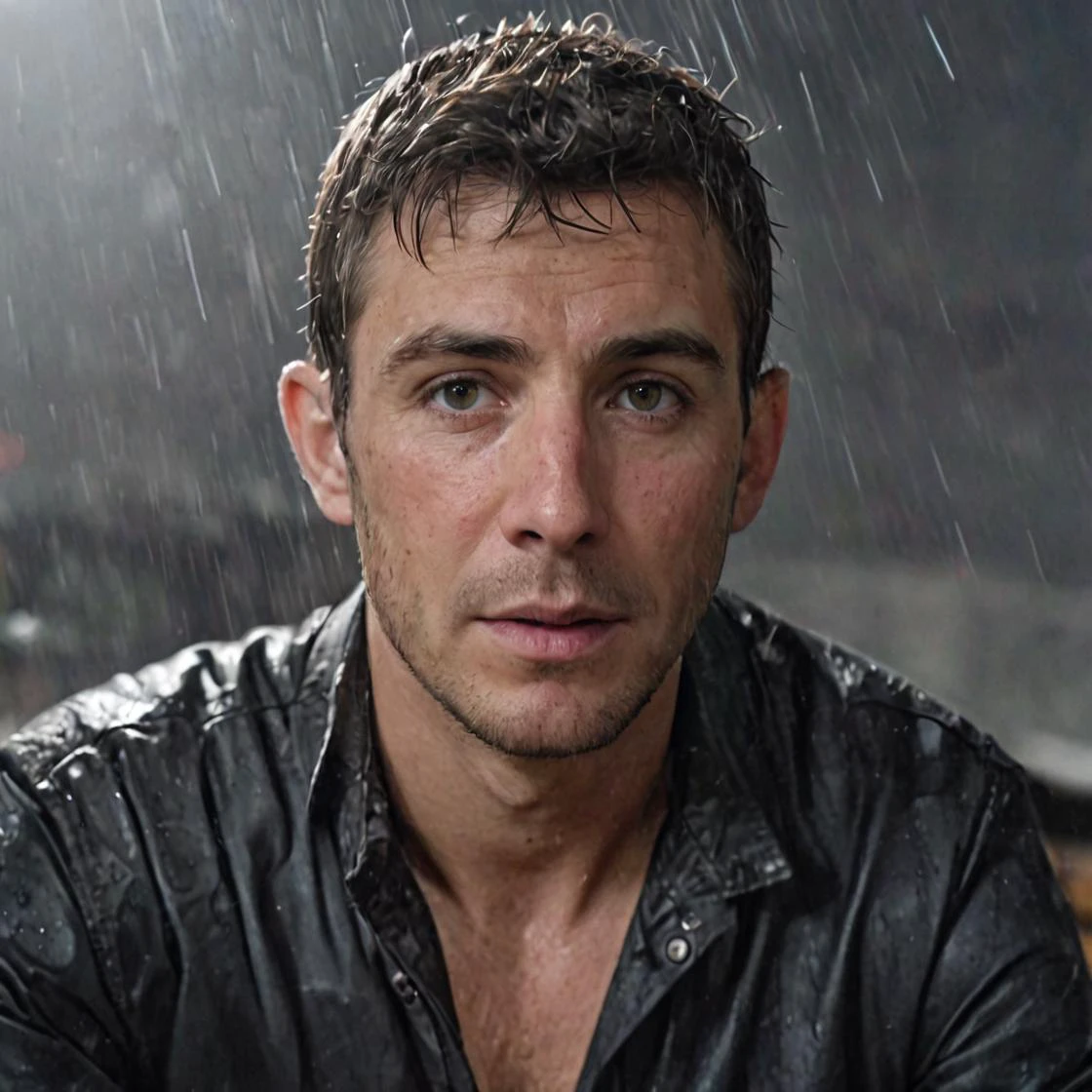 extreme close up unexpected hidden camera snapshot. raw photo. casual-man, sailing in a storm at night, moonlight, dark mood, rain, wet <lora:skin_detailsXL:0.6>