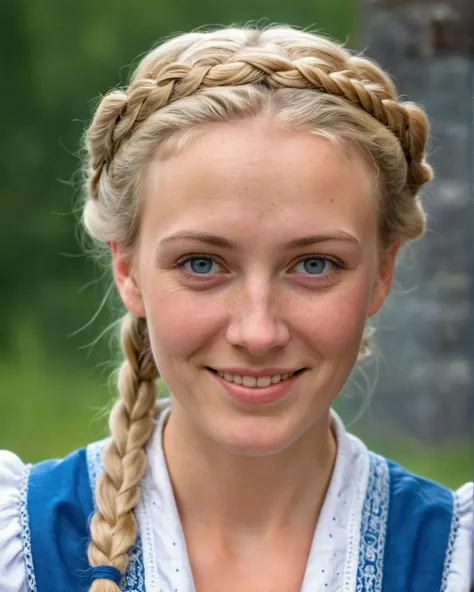 portrait photo of an austrian woman with white-blonde royal crown-braid hair and freckles with a shy smile and beautiful blue eyes wearing a traditional dirndl dress, cinematic masterwork by head of prompt engineering <lora:real-humans-PublicPrompts:0.95>