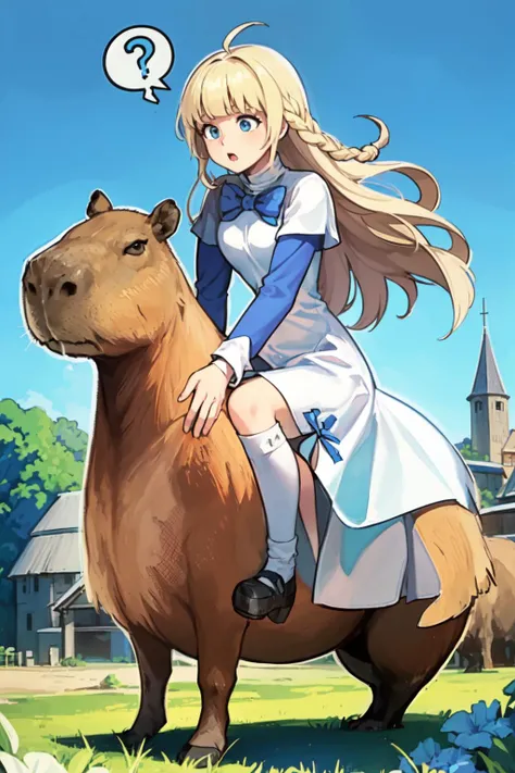 masterpiece, best quality, solo, full body, grassy green field, blue sky, (medieval farm:1.5), (fantasy setting, medieval times:1.5), <lora:TalesWeaver_TichielJuspian_v1-000168:0.95:lbw=MIDD>, blonde hair, blunt bangs, white shoulders, ahoge, twin braids, (very long hair:1.5), (white dress over blue dress, blue hem:1.5), apron, white cuffs, long sleeves, short over long sleeves, (kneehighs:1.3), white socks, (black footwear:1.2), mary janes, blue eyes, blue bow, (riding a capybara:1.5), (hatena, question mark, confused, speech bubble:1.4),  <lora:capi-09:0.7:lbw=MIDD>,