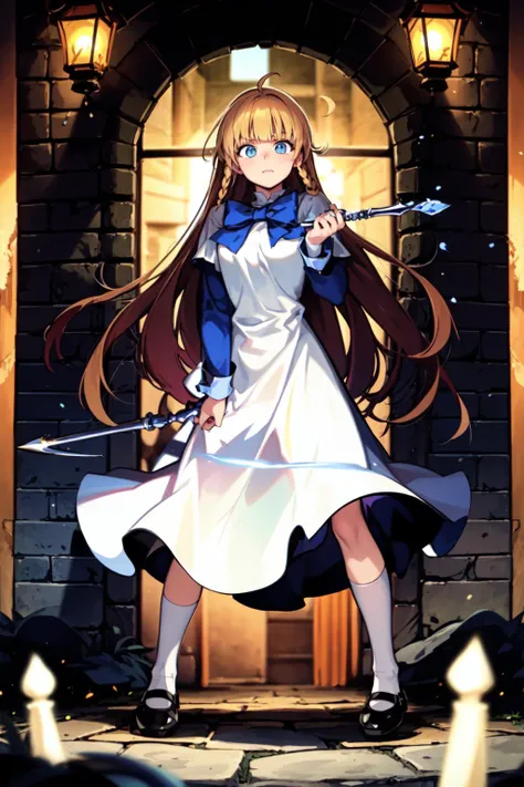 masterpiece, best quality, solo, full body, (combat stance:1.3), (holding magic staff, casting magic:1.5), (fantasy setting, medieval times:1.5), (underground dungeon, stone walls, lanterns, magic runes, eery lighting, goblins:1.5),<lora:TalesWeaver_TichielJuspian_v1-000168:0.95:lbw=MIDD>, serious, blonde hair, blunt bangs, white shoulders, ahoge, twin braids, (very long hair:1.5), (white dress over blue dress, blue hem:1.3), apron, white cuffs, long sleeves, short over long sleeves, kneehighs, white socks, (black footwear:1.2), mary janes, blue eyes, blue bow,