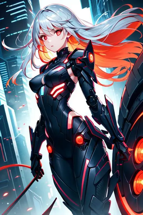 (sfw), intricate details, 1girl, night, (bright neon colors), ((flying over futuristic cyberpunk city)), detailed background, (petite cyborg girl, ((cute perfect face, bright glowing red eyes)), (perfect anatomy, petite perky breasts), (absurdly long gradient orange and white hair, hair blowing in the wind)), detailed ribbed impossible bodysuit, shoulder armor, cybernetic limbs, dynamic angle, <lora:aMechaMusumeA_arc:0.5>