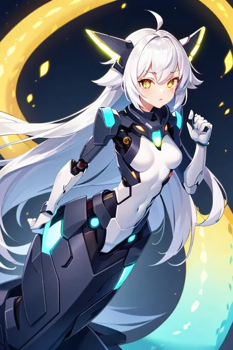 (sfw), intricate details, (bright neon colors), detailed background, night, 1girl, (lamia:1.4, monster girl, petite, (cute face, bright glowing yellow eyes), (human torso, petite perky breasts, robotic hands, robotic serpentine lower body, long coiled robotic tail), (white hair, absurdly long hair, hair blowing in the wind)), dynamic angle