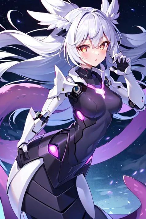 (sfw), intricate details, (bright neon colors), detailed background, night, 1girl, (lamia:1.4, monster girl, petite, (cute face, bright glowing purple eyes), (human torso, petite perky breasts, robotic hands, robotic serpentine lower body, long coiled robotic tail), (white hair, absurdly long hair, hair blowing in the wind)), dynamic angle