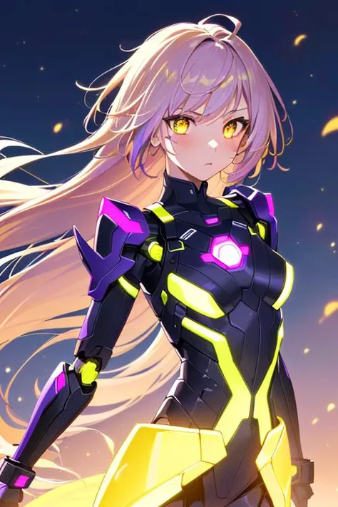 (sfw), intricate details, (bright neon colors), detailed background, night, 1girl, (petite, (cute face, bright glowing yellow eyes), (human torso, petite perky breasts, robotic limbs), (gradient purple and yellow hair, absurdly long hair, hair blowing in the wind)), detailed ribbed impossible bodysuit, shoulder armor, dynamic angle