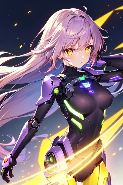 (sfw), intricate details, (bright neon colors), detailed background, night, 1girl, (petite, (cute face, bright glowing yellow eyes), (human torso, petite perky breasts, robotic limbs), (gradient purple and yellow hair, absurdly long hair, hair blowing in the wind)), detailed ribbed impossible bodysuit, shoulder armor, dynamic angle