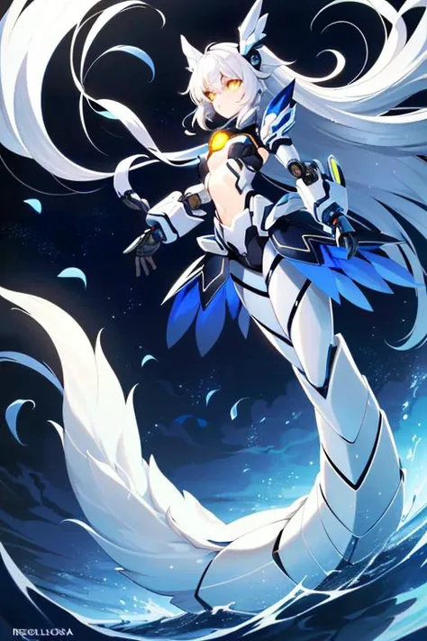 (sfw), intricate details, (bright neon colors), detailed background, night, 1girl, (lamia:1.4, monster girl, petite, (cute face, bright glowing yellow eyes), (human torso, petite perky breasts, robotic arms, robotic serpentine lower body, long coiled robotic tail), (white hair, absurdly long hair, hair blowing in the wind)), dynamic angle