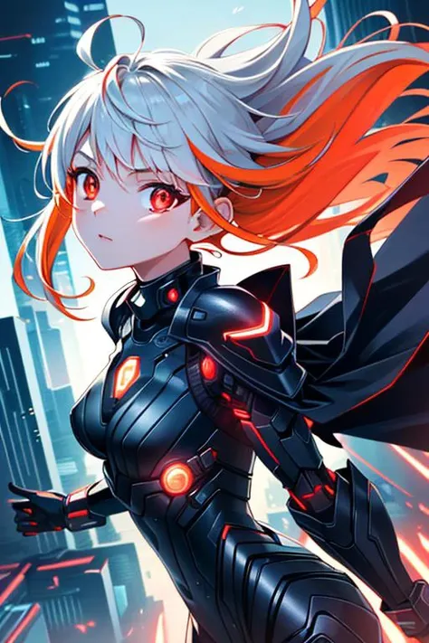 (sfw), intricate details, 1girl, night, (bright neon colors), ((flying over futuristic cyberpunk city)), detailed background, (petite cyborg girl, ((cute perfect face, bright glowing red eyes)), (perfect anatomy, petite perky breasts), (absurdly long gradient orange and white hair, hair blowing in the wind)), detailed ribbed impossible bodysuit, shoulder armor, cybernetic limbs, dynamic angle, <lora:aMechaMusumeA_arc:0.5>