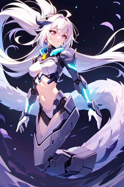 (sfw), intricate details, (bright neon colors), detailed background, night, 1girl, (lamia:1.4, monster girl, petite, (cute face, bright glowing purple eyes), (human torso, petite perky breasts, robotic hands, robotic serpentine lower body, long coiled robotic tail), (white hair, absurdly long hair, hair blowing in the wind)), dynamic angle