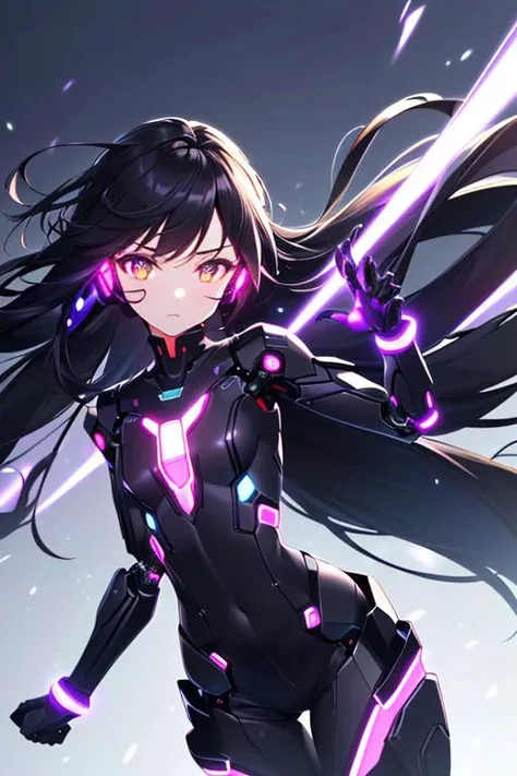 (sfw), intricate details, (bright neon colors), detailed background, night, 1girl, (petite, (cute face, bright glowing purple eyes), (human torso, petite perky breasts, robotic limbs), (black hair, absurdly long hair, hair blowing in the wind)), sleek detailed impossible bodysuit, cybernetic headset, sneaking, dynamic angle