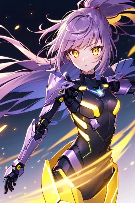 (sfw), intricate details, (bright neon colors), detailed background, night, 1girl, (petite, (cute face, bright glowing yellow eyes), (human torso, petite perky breasts, robotic limbs), (gradient purple and yellow hair, absurdly long hair, hair blowing in the wind)), detailed ribbed impossible bodysuit, shoulder armor, dynamic angle