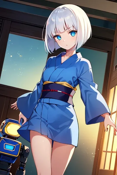 (sfw), intricate details, (bright neon colors), detailed background, daylight, indoors, 1girl, (petite, (expressionless cute face, bright glowing blue eyes), (human torso, petite perky breasts, yukata, robotic arms, robotic legs), (white hair, bob cut)), dynamic angle