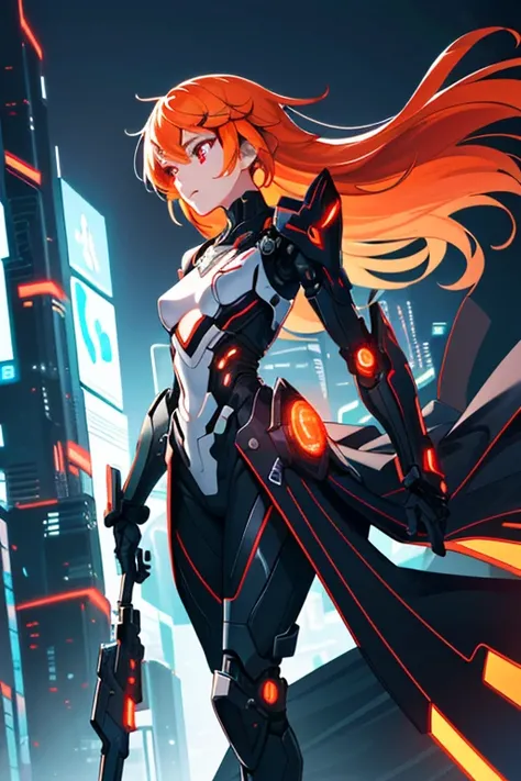 (sfw), intricate details, 1girl, night, (bright neon colors), ((flying over futuristic cyberpunk city)), detailed background, (petite cyborg girl, ((cute perfect face, bright glowing red eyes)), (perfect anatomy, petite perky breasts), (absurdly long gradient orange and white hair, hair blowing in the wind)), detailed ribbed impossible bodysuit, shoulder armor, cybernetic limbs, dynamic angle, <lora:aMechaMusumeA_arc:0.5>