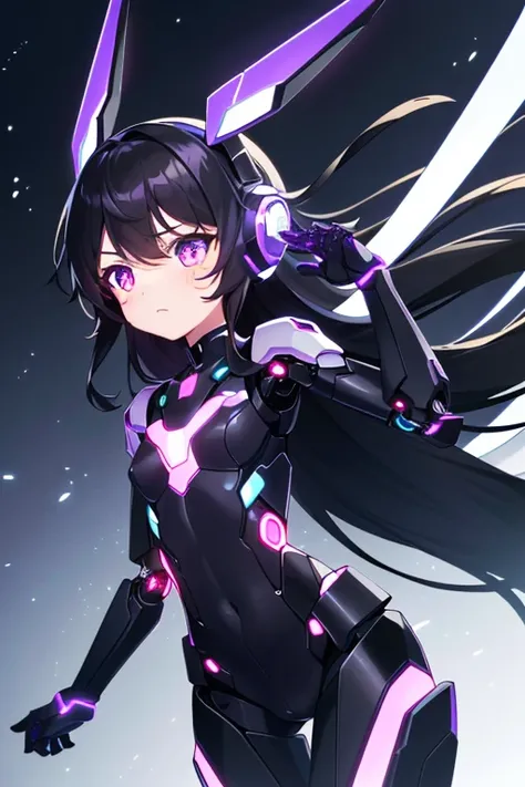 (sfw), intricate details, (bright neon colors), detailed background, night, 1girl, (petite, (cute face, bright glowing purple eyes), (human torso, petite perky breasts, robotic limbs), (black hair, absurdly long hair, hair blowing in the wind)), sleek detailed impossible bodysuit, cybernetic headset, sneaking, dynamic angle