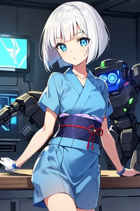 (sfw), intricate details, (bright neon colors), detailed background, daylight, indoors, 1girl, (petite, (expressionless cute face, bright glowing blue eyes), (human torso, petite perky breasts, yukata, robotic arms, robotic legs), (white hair, bob cut)), dynamic angle