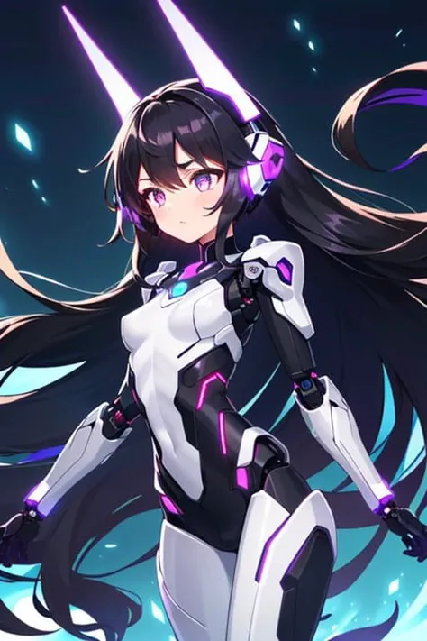 (sfw), intricate details, (bright neon colors), detailed background, night, 1girl, (petite, (cute face, bright glowing purple eyes), (human torso, petite perky breasts, robotic limbs), (black hair, absurdly long hair, hair blowing in the wind)), sleek detailed impossible bodysuit, cybernetic headset, sneaking, dynamic angle