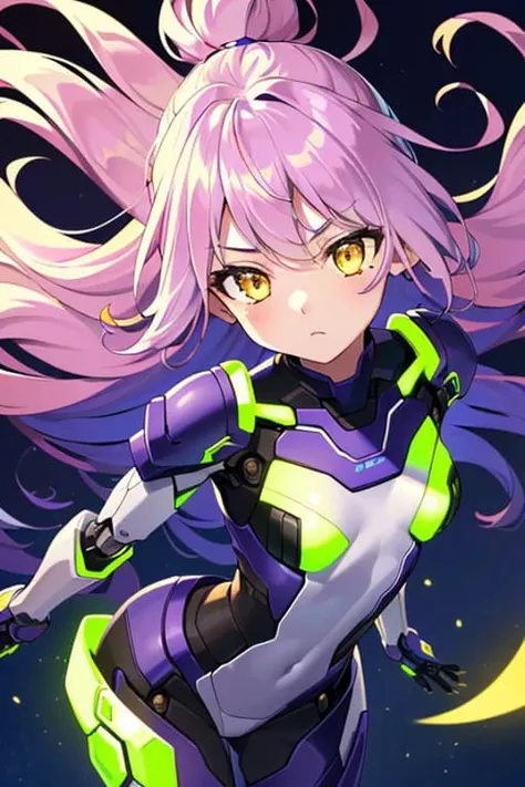 (sfw), intricate details, (bright neon colors), detailed background, night, 1girl, (petite, (cute face, bright glowing yellow eyes), (human torso, petite perky breasts, robotic limbs), (gradient purple and yellow hair, absurdly long hair, hair blowing in the wind)), detailed ribbed impossible bodysuit, shoulder armor, dynamic angle