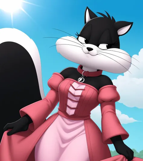 penelope, clothed, <lora:pussycat2:0.7>, [photorealistic], digitigrade, [collar], masterpiece, best quality, detailed realistic fur, (dress:1.3), (background is a sunny sky), detailed background,  detailed face, detailed eyes, detailed fluffy fur