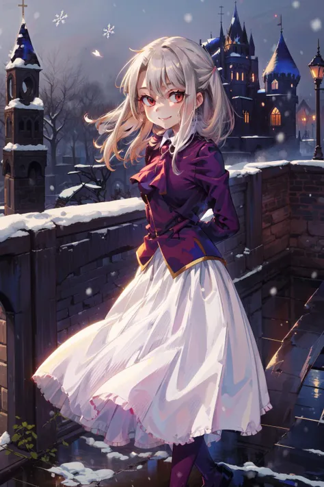 masterpiece,best quality,1girl,FSNnormal,Casual Cloth,evil smile,arms behind back,(castle),outdoors,snow,<lora:illya22outfits:0.8>,