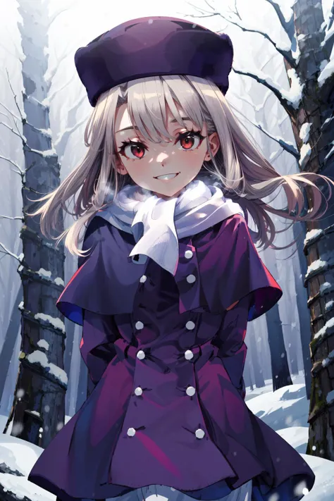 masterpiece,best quality,1girl,FSNwinter,Winterclothing,hat,long hair,smile,arms behind back,forest,outdoors,snow,<lora:illya22outfits:0.8>,