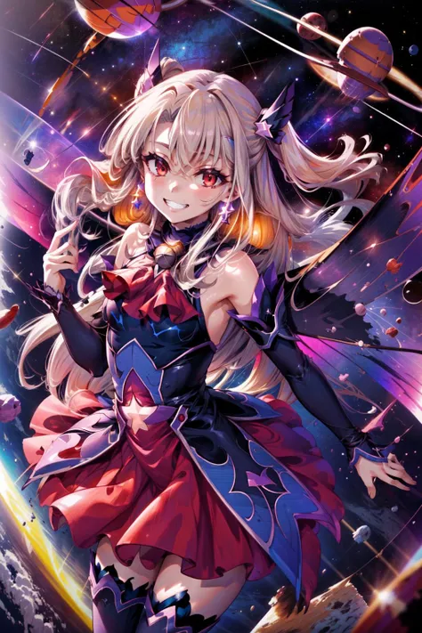 masterpiece,best quality,1girl,TestmentForm,Dark MagicalGirl,very long hair,grin,outer space,cowboy shot,from above,<lora:illya22outfits:0.7>,