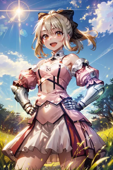 masterpiece,best quality,1girl,SaberInstall,Saber Lily Outfit,very long hair,smile,open mouth,hands on hips,grass,plain,sunlight,wind,cowboy shot,from below,<lora:illya22outfits:0.7>,