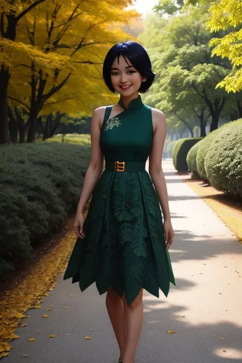 <lora:Ashi:1> ashi wearing a green dress made out of leaves, walking in a park early in the morning, smiling