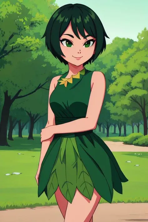 <lora:Ashi:1> ashi wearing a green dress made out of leaves, walking in a park early in the morning, smiling, 8K Masterpiece, Raw Photo, Cinematic