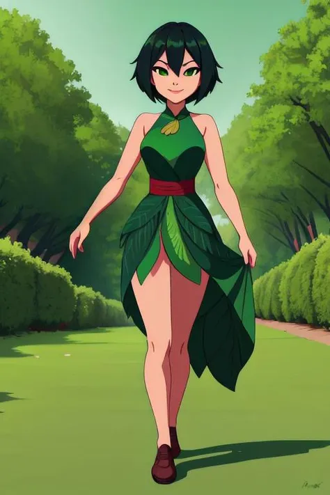 <lora:Ashi:1> ashi wearing a green dress made out of leaves, walking in a park early in the morning, smiling, 8K Masterpiece, Raw Photo, Cinematic