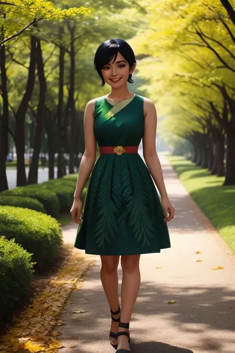 <lora:Ashi:1> ashi wearing a green dress made out of leaves, walking in a park early in the morning, smiling