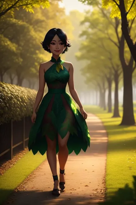 <lora:Ashi:1> ashi wearing a green dress made out of leaves, walking in a park early in the morning, smiling, 8K Masterpiece, Raw Photo, Cinematic