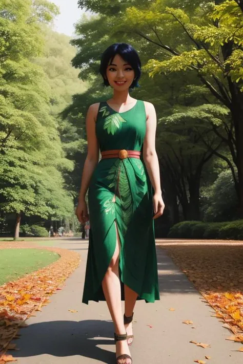 <lora:Ashi:1> ashi wearing a green dress made out of leaves, walking in a park early in the morning, smiling
