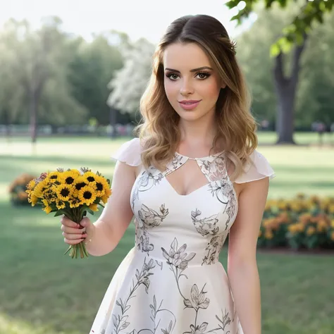 1girl, face focus, Sandy lima, <lora:Sandy lima:1> beauty face, beauty body, realistic, photo, flower dress, flowers in the park, flower in hand