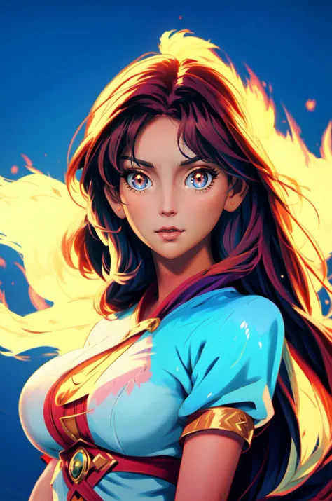ethereal fantasy concept art of one girl, long hair, big breasts, looking at the viewer, play of colors, fiery aura <lora:add_detail:0.6> <lora:GoodHands-vanilla:0.7> <lora:FireAI:1> . magnificent, celestial, ethereal, painterly, epic, majestic, magical, fantasy art, cover art, dreamy